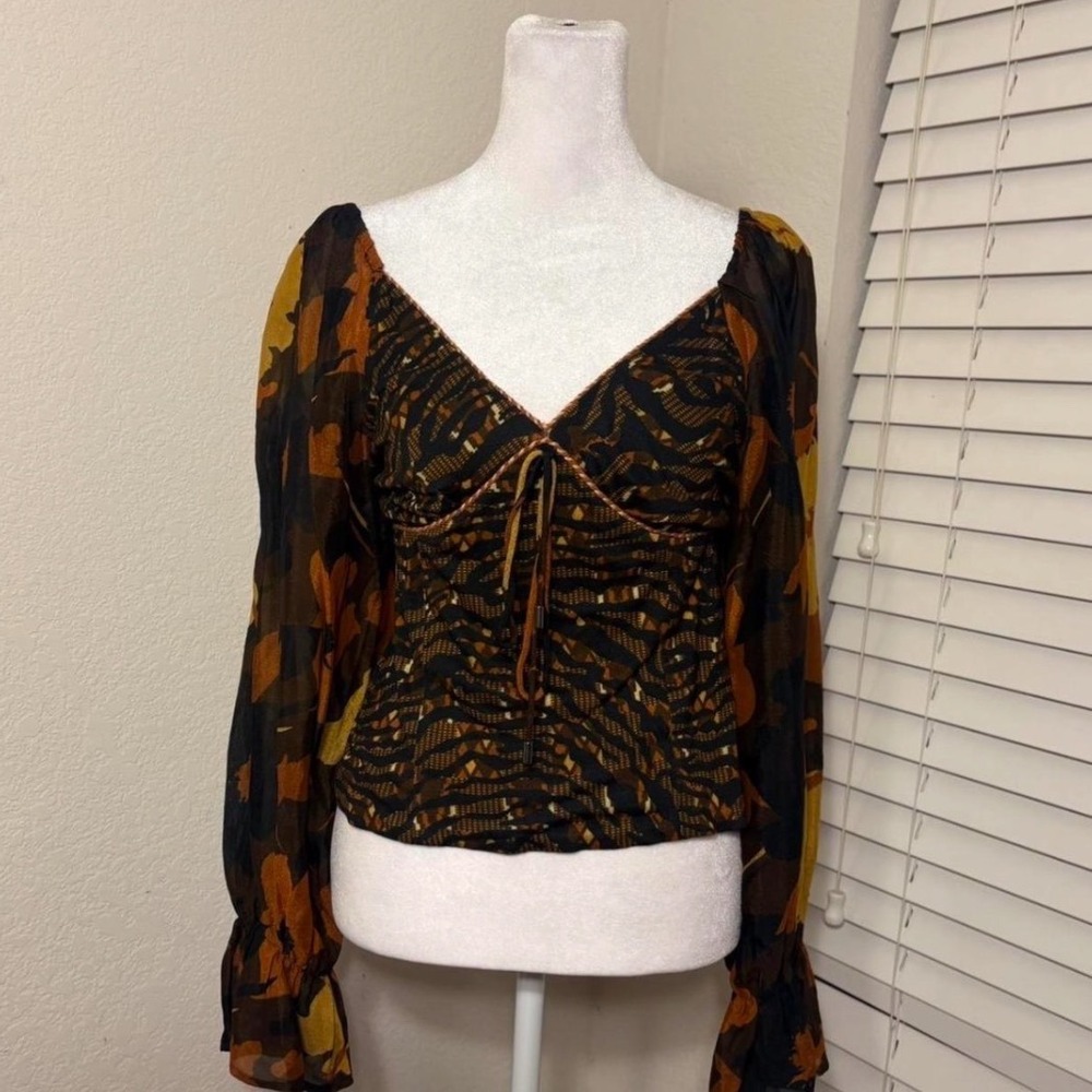 Boho Sweetheart Brown Black Floral Tiger Print Balloon Sleeve Top Hippie Retro M